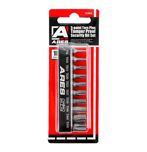 ARES 31004-10-Piece 5-Point Torx Plus Tamper Proof Security Bit Set - 25mm Length S2 Steel Precision Machined Security Bits - Storage Rail Included