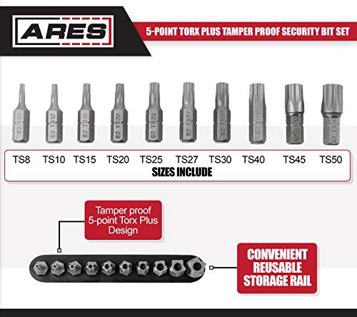 ARES 31004-10-Piece 5-Point Torx Plus Tamper Proof Security Bit Set - 25mm Length S2 Steel Precision Machined Security Bits - Storage Rail Included