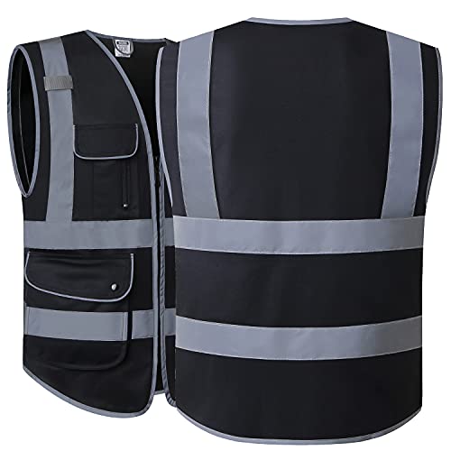 HATAUNKI Class 2 Retro-Reflection Safety Vests 9 Pockets and Front Zipper ANSI/ISEA 107-2015 (Black-03, Medium)