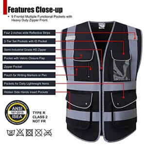 HATAUNKI Class 2 Retro-Reflection Safety Vests 9 Pockets and Front Zipper ANSI/ISEA 107-2015 (Black-03, Medium)