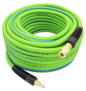 yotoo hybrid air hose 3/8-inch by 100-feet 300 psi heavy duty, lightweight, kink resistant, all-weather flexibility with 1/4-inch industrial air fittings and bend restrictors. green+blue