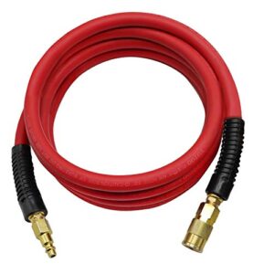 yotoo rubber lead-in air hose 3/8-inch by 10-feet 300 psi heavy duty, kink resistant, all-weather flexibility with 1/4-inch brass male fittings, bend restrictors, red