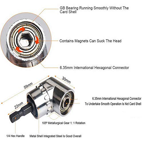 2Pcs 105 Degree 1/4"Right Angle Drill Adapter Hex Shank Screwdriver Angled Bit Holder Power Drill Tool and Flexible Angle Extension Bit Kit for Drill Or Screwdriver 1/4" Socket Adapter