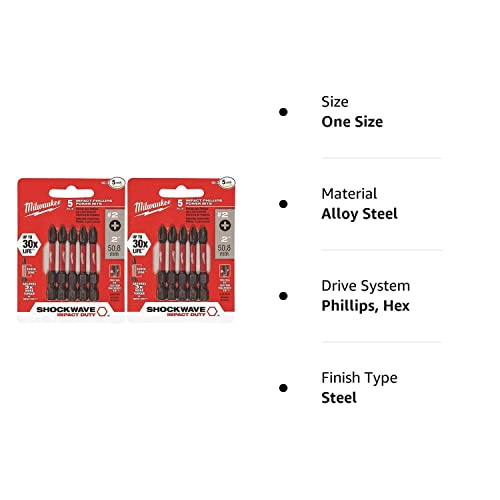 Milwaukee 48-32-4602 Power Bit, 2 Drive, Phillips Drive, 1/4 in Shank, Hex Shank, Steel, Sold as 2 Pack, 10 Count Total