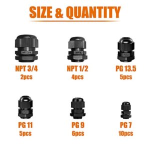 ISPINNER 32pcs Nylon Cable Gland Waterproof IP68 Adjustable 3-18mm, NPT 3/4, NPT 1/2, PG13.5, PG11, PG9, PG7 (Black)