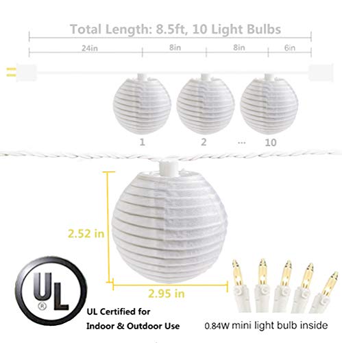 SkrLights 8.5Ft Mini Lantern String Lights -10 White Nylon Hanging Lanterns with Warm White Bulbs Included, Plug in, Connectable up to 25 Strands, White Lights String for Bedroom, Patio, Backyard