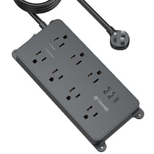 trond power strip surge protector 10ft, etl listed, flat plug extension cord with 3 usb ports (1 usb c), wall mountable, 7 widely-spaced outlets, 1700j, black
