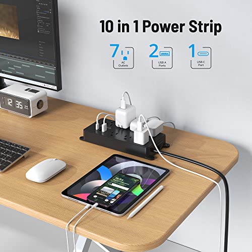 TROND Power Strip Surge Protector 10ft, ETL Listed, Flat Plug Extension Cord with 3 USB Ports (1 USB C), Wall Mountable, 7 Widely-Spaced Outlets, 1700J, Black