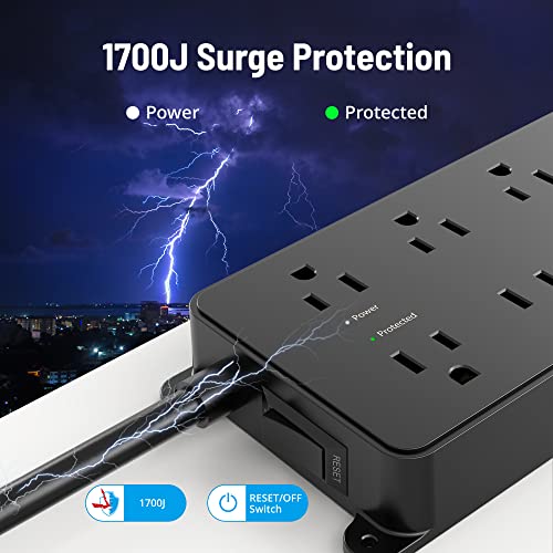 TROND Power Strip Surge Protector 10ft, ETL Listed, Flat Plug Extension Cord with 3 USB Ports (1 USB C), Wall Mountable, 7 Widely-Spaced Outlets, 1700J, Black