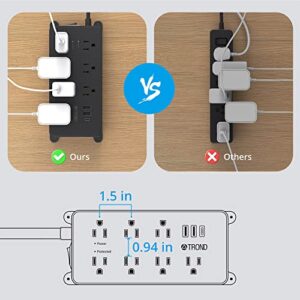TROND Power Strip Surge Protector 10ft, ETL Listed, Flat Plug Extension Cord with 3 USB Ports (1 USB C), Wall Mountable, 7 Widely-Spaced Outlets, 1700J, Black