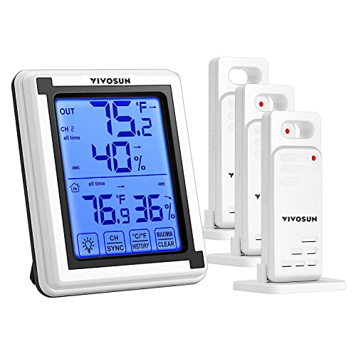 VIVOSUN Digital Thermometer and Hygrometer with 3 Remote Sensors, Indoor Outdoor Temperature and Humidity Monitor with Touchscreen LCD Backlight, 200ft/60m Range, Battery Included