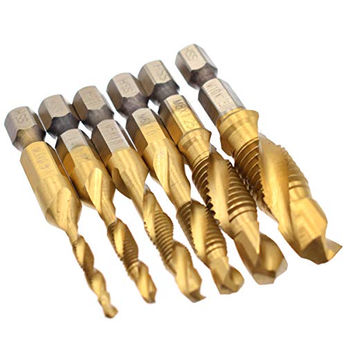 Riyiter 7 Pcs 1/4 Inch Metric Thread Tap M3-M10 HSS Spiral Hex Shank Combination Drill Screw Tap Bit Set with Automatic Spring Loaded Center Punch Tool