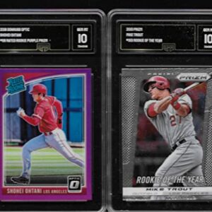 GEM MINT SHOHEI OHTANI DONRUSS OPTIC PURPLE PRIZM & MIKE TROUT PANINI PRIZM ROOKIE OF THE YEAR 2 CARD ROOKIE LOT GRADED GEM MINT 10 ANGELS SUPERSTAR MVP PLAYERS