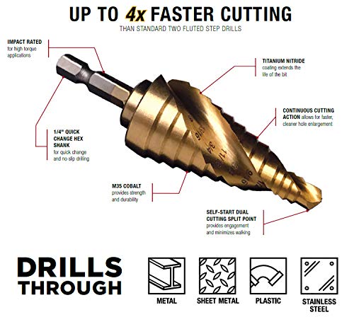 Disston 4-Piece Spiral Step Drill Premium Kit (1/8"-1/2", 3/16"-7/8", 1/4"-1 1/8", 1/4" 1 3/8") E0102786