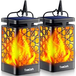 tomcare solar outdoor lights upgraded solar lantern flickering flame outdoor waterproof hanging lanterns decorative solar powered outdoor lighting led christmas lights for patio deck yard, 2 pack