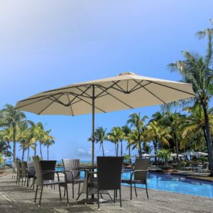 AECOJOY 15x9ft Double-Sided Patio Umbrella Outdoor Market Umbrella Large Sunbrella Table Umbrellas with Crank Air Vents for Deck Pool Patio (1.9" Pole,Red)