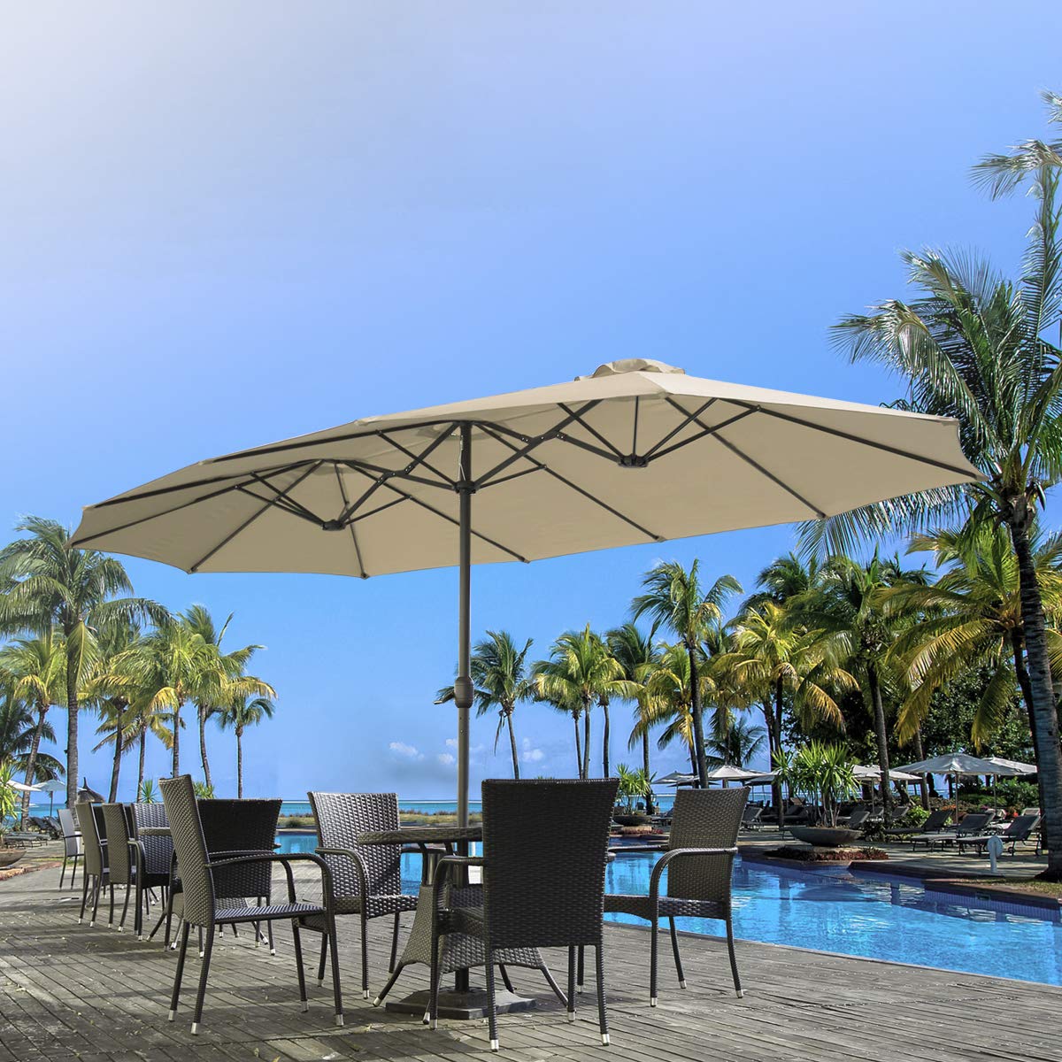 AECOJOY 15x9ft Double-Sided Patio Umbrella Outdoor Market Umbrella Large Sunbrella Table Umbrellas with Crank Air Vents for Deck Pool Patio (1.9" Pole,Red)