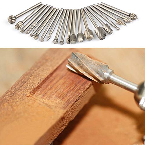 Tungsten Carbide HSS Rotary Burr Set - APlus 20pcs Wood Carving Drill Bits Set with 3mm 1/8 inch Shank for DIY Woodworking, Carving, Engraving, Drilling