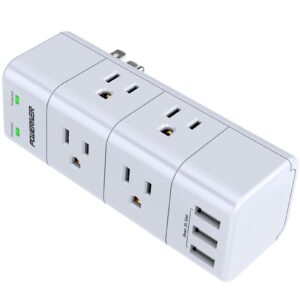 surge protector wall mount, outlet splitter with rotating plug, poweriver power strip with 6 outlet extender (3 side) and 3 usb ports, 1680 joules, for home/school/office/travel, white listed,white