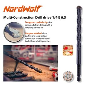 NordWolf 5-Piece Metric Carbide Tipped Multi-Purpose Drill Bit Set with 1/4" Hex Shank for Sheet Metal, Wood, Block, Brick, Tile & Plastic, Sizes 5.5-6.5-7-8-10mm