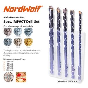 NordWolf 5-Piece Metric Carbide Tipped Multi-Purpose Drill Bit Set with 1/4" Hex Shank for Sheet Metal, Wood, Block, Brick, Tile & Plastic, Sizes 5.5-6.5-7-8-10mm