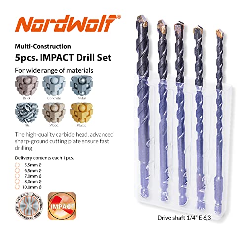 NordWolf 5-Piece Metric Carbide Tipped Multi-Purpose Drill Bit Set with 1/4" Hex Shank for Sheet Metal, Wood, Block, Brick, Tile & Plastic, Sizes 5.5-6.5-7-8-10mm