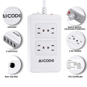 Surge Protector Power Strip with USB,4 Spaced Outlets Extension Board &4 Ports USB Charger(2.4Ax4), 6 ft Long Extension Cord, 1700J, 2500W, 100-240V, White for Home/Office/School by AICODE