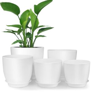 homenote plastic planter, 7/6/5.5/4.8/4.5 inch flower pot indoor modern decorative pots for plants with drainage hole and tray for all house plants, succulents, flowers, cactus, white