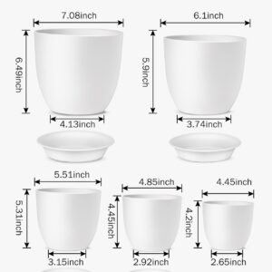 HOMENOTE Plastic Planter, 7/6/5.5/4.8/4.5 Inch Flower Pot Indoor Modern Decorative Pots for Plants with Drainage Hole and Tray for All House Plants, Succulents, Flowers, Cactus, White