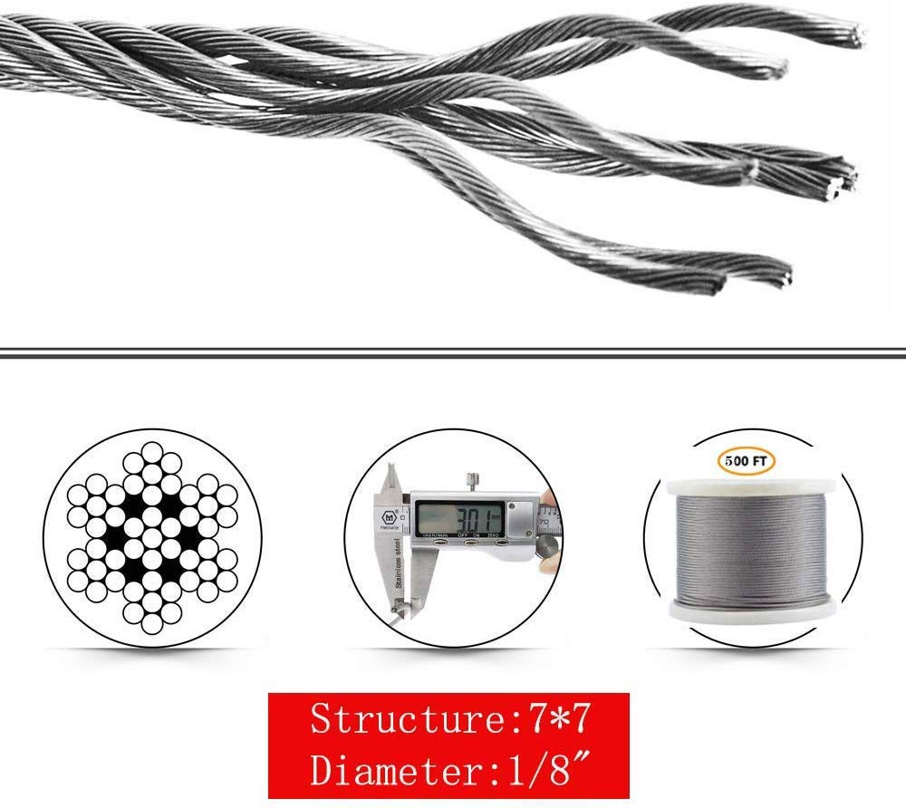 Bysn 1/8 T316 Stainless Steel Cable, Aircraft Cable for Deck Railing, 7 x 7 Strands Construction Braided Steel Cable, 500FT Wire Rope Cable for Railing