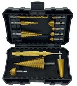 nordwolf 12-piece hss titanium metric step, countersink, cone drills with 1/4" hex shank, multi drill saw & automatic center punch combination set in storage case