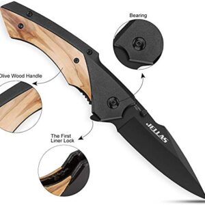 Pocket Folding Knife Bearing Knives with Safety Liner Lock for Men with Olive Wood Handle for Camping Hunting Survival Indoor and Outdoor Activities, Best Unique Gifts for Men and Woman, KN02-SD