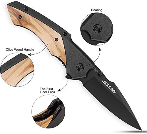Pocket Folding Knife Bearing Knives with Safety Liner Lock for Men with Olive Wood Handle for Camping Hunting Survival Indoor and Outdoor Activities, Best Unique Gifts for Men and Woman, KN02-SD