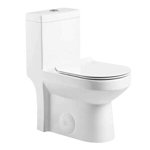 fine fixtures dual-flush one-piece toilet with high-efficiency flush, 10" rough-in, round seat - small, space saver design.