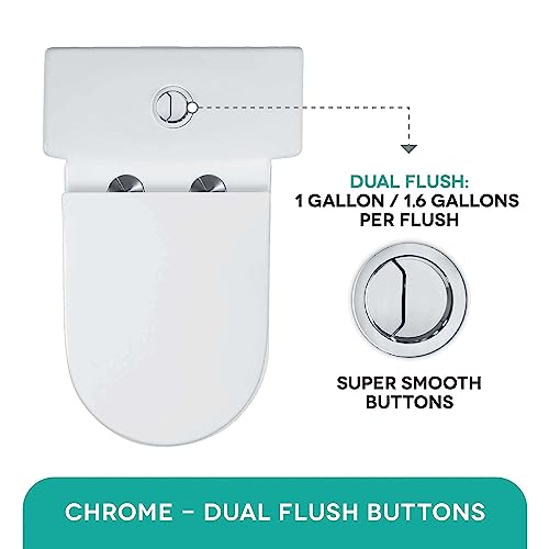 Fine Fixtures Dual-Flush One-Piece Toilet With High-Efficiency Flush, 10" Rough-in, Round Seat - Small, Space Saver Design.