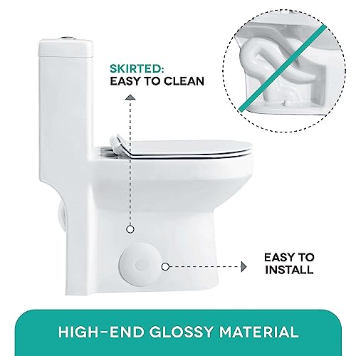 Fine Fixtures Dual-Flush One-Piece Toilet With High-Efficiency Flush, 10" Rough-in, Round Seat - Small, Space Saver Design.