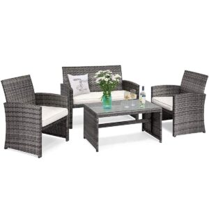 tangkula 4 pcs wicker patio conversation set, outdoor rattan sofas with table set, patio furniture set with soft cushions & tempered glass coffee table for poolside courtyard balcony (1, beige)