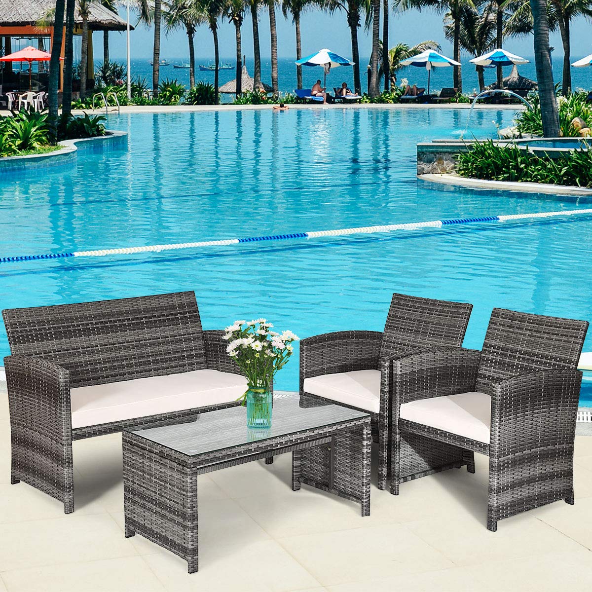 Tangkula 4 PCS Wicker Patio Conversation Set, Outdoor Rattan Sofas with Table Set, Patio Furniture Set with Soft Cushions & Tempered Glass Coffee Table for Poolside Courtyard Balcony (1, Beige)