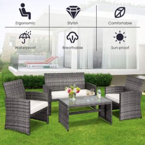 Tangkula 4 PCS Wicker Patio Conversation Set, Outdoor Rattan Sofas with Table Set, Patio Furniture Set with Soft Cushions & Tempered Glass Coffee Table for Poolside Courtyard Balcony (1, Beige)