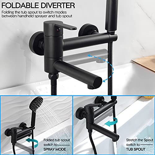 KAPHOME Matte Black Wall Mount Bathtub Faucet with Hand Shower,Tub Shower Faucet with Lengthened Folding Spout,KHSB05U