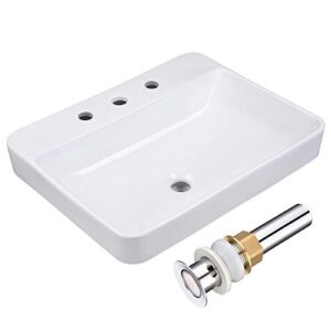 aquaterior 23" x 18" rectangle drop in bathroom sink white ceramic above counter semi recessed vessel sink with widespread faucet holes,drain