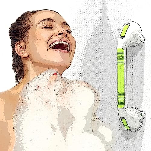 AmeriLuck 16.5in Suction Bath Grab Bar with Indicators, Balance Assist Bathroom Shower Handle (White/Yellow, Pack of 2)