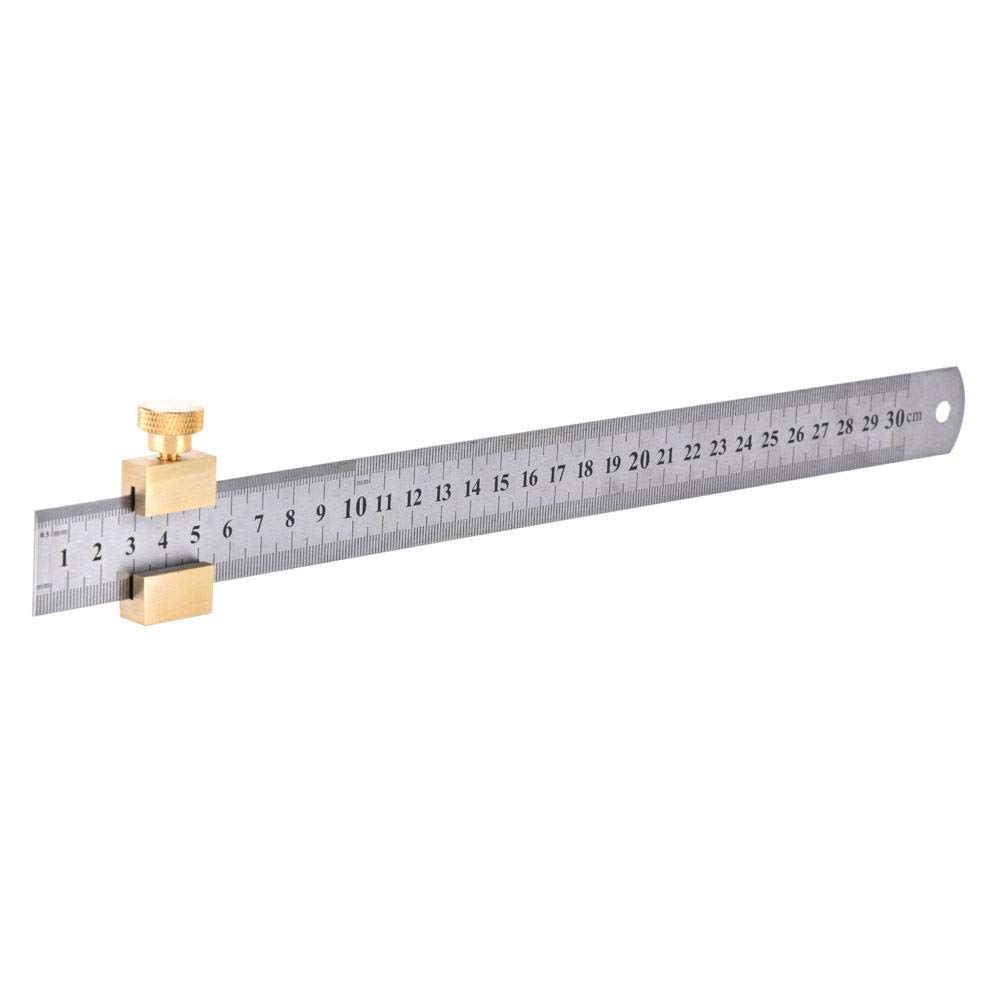 30cm Steel Ruler with Positioning Block, Woodworking Marking Locator Measuring Tool with Brass Slide Block, Carpentry Tools