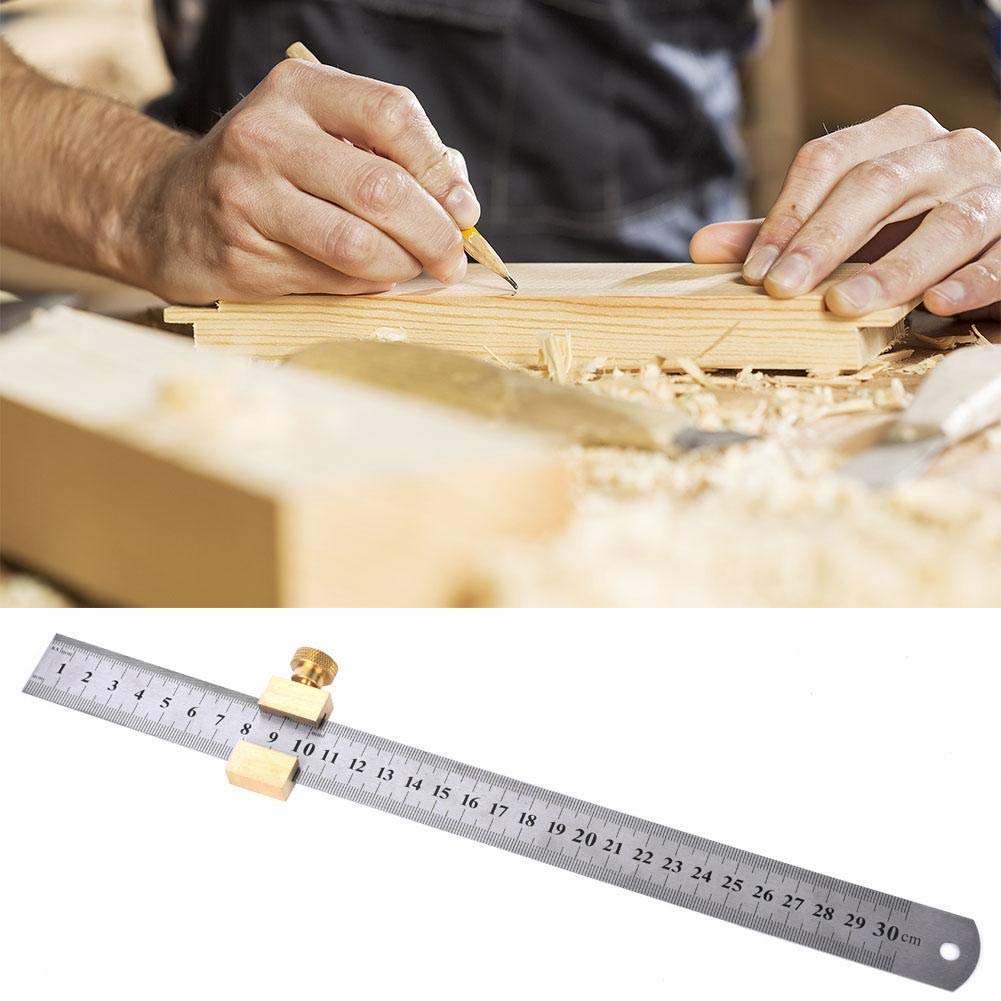 30cm Steel Ruler with Positioning Block, Woodworking Marking Locator Measuring Tool with Brass Slide Block, Carpentry Tools