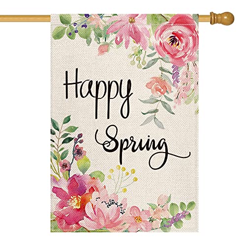 AVOIN colorlife Happy Spring Peony Flower House Flag Double Sided, Seasonal Spring Yard Outdoor Flag 28 x 40 Inch