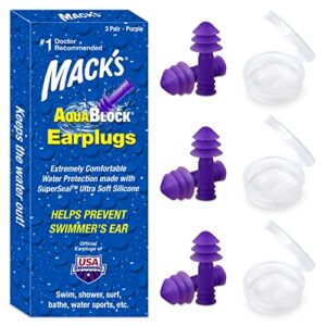 mack's aquablock swimming earplugs, 3 pair - comfortable, waterproof, reusable silicone ear plugs for swimming, snorkeling, showering, surfing and bathing (purple)
