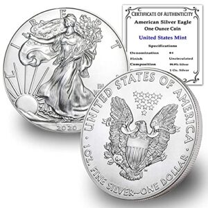 2020 1 oz silver american eagle brilliant uncirculated with a certificate of authenticity $1 bu