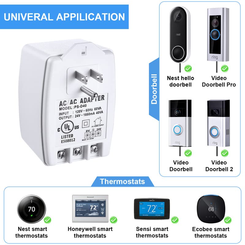 Hotop 24 Volt Transformer, 40 VA AC Transformer Plug in with PTC Fuse Competible with All Versions of Ring Doorbell and Thermostat, Compatible with Nest, Ecobee, Sensi, Honeywell, 24V Adapter(1 Pack)