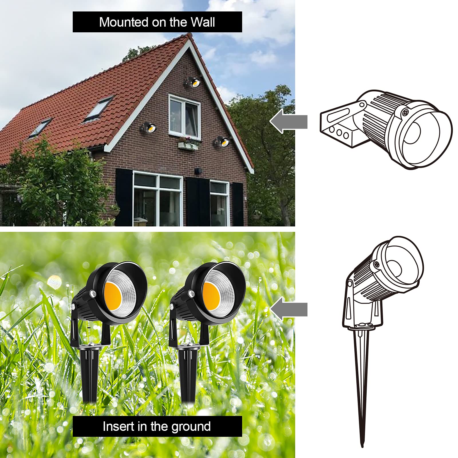 ZUCKEO 10W Low Voltage Landscape Lights LED Landscape Lighting with Connectors 12V Waterproof Outdoor Landscape Spotlights Floor Yard Lawn Best Garden Lights 1000LM Warm White (10Pack with Connector)