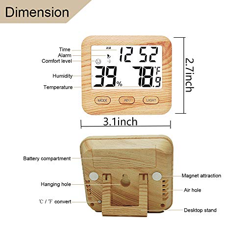 Digital Hygrometer Indoor Thermometer, Temperature Humidity Gauge with Desk Clocks for Bedroom Office,Backlit Accurate Monitor Clear Reading,Time Display Room Thermometer for Home Greenhouse Wooden